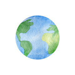 Watercolor hand painted planet Earth. Perfect for Earth Day, environmental problems and protection, caring for Nature, design making clip art.