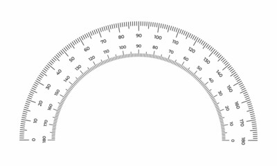 Vector illustration protractor grid isolated on white background. Measuring tool scale in flat style. 180 degrees scale protractor template. Tilt angle meter.
 - obrazy, fototapety, plakaty