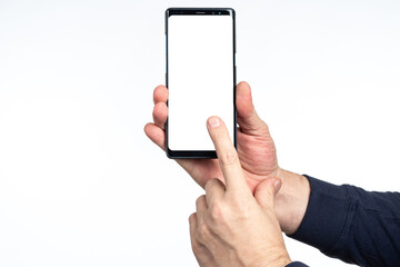 Phone hand. Smartphone mock up. Phone blank white screen. Modern gadget in hands of man. Template for your promotional offer. Place for application or website. Cellphone mock up. Mobile app template