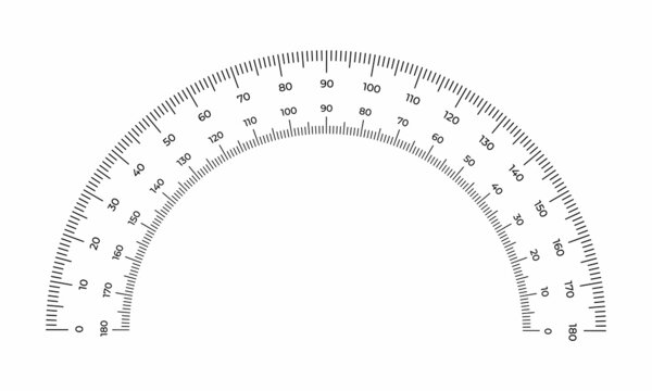 Vector illustration protractor grid isolated on white background. Measuring tool scale in flat style. 180 degrees scale protractor template. Tilt angle meter.

