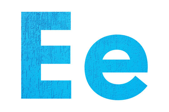 Alphabet uppercase and lowercase letters E with wall texture. Blue letter E in upper and lower case isolated on white background..