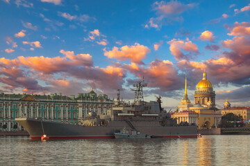 Saint Petersburg warship Russia parade navy. Warship near winter palace. St. Isaac's Cathedral dome. Navy parade in Saint Petersburg. Admiralty Saint Petersburg.Ship in Neva River. Russia summer day