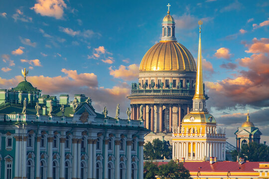 Saint Petersburg attractions. Russian architecture. Winter Palace and Admiralty. Hermitage in Saint Petersburg. Dome St. Isaac's Cathedral. Blue sky in St. Petersburg. Russian Federation attractions