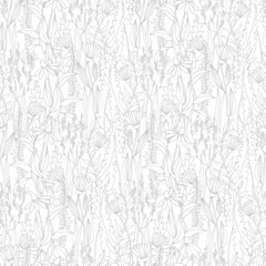 Fototapeta premium Seamless pattern with hand drawn meadow flowers in Outlined illustrations on white background for surface design and other design projects
