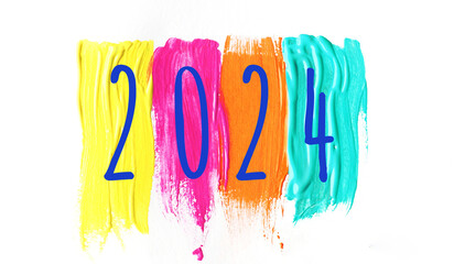the inscription 2024 on bright multi-colored strokes of paint. new year 2023..
