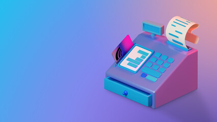 Cash register. Business equipment for accepting cash and cards. Cash register as symbol of Retail business. Equipment for Retail business. Place for text on colorful. Copy space. 3d rendering.