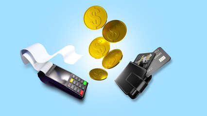 Terminal for payment of purchases. Symbols commercial activity. POS terminal Banking on blue. Gold coins next to wallet. Metaphor for choosing payment method. Commercial business concept. 3d image