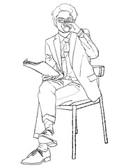 イラスト素材：椅子に座って飲み物を口にしながら新聞を読む男性の手描きイラスト（線画のみ）