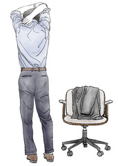 椅子にスーツの上着を掛けて立ち、ストレッチをする男性の後ろ姿の手描き水彩イラスト