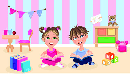 Cartoon character vector illustration of cute little kids reading book and learning, and discovering concept. Kids playing kindergarten class.