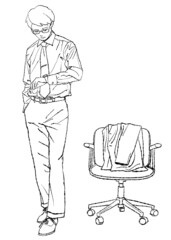 椅子にスーツの上着を掛けて立ち、腕時計を見ている男性の手描き水彩イラスト（線画のみ）