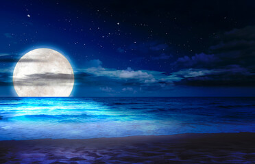 Beach, sea and moon in blue space. Amazing view of the blue color in the sky. Background night sky with stars, moon and sand-beach. The image of the moon of incomparable beauty.