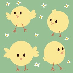 Cute little yellow chiks. Easter postcard with birds, flowers on green background. 