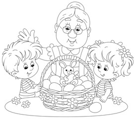 Happy granny and merry little children with a traditional holiday basket of painted Easter eggs and a cute toy bunny, black and white vector cartoon illustration for a coloring book page