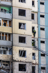 Fototapeta na wymiar Residential building after Russian rocket attack on Kyiv