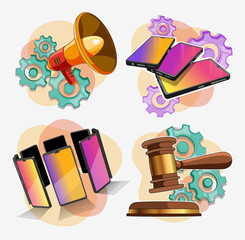 Simple 3d yellow Speaker Toa Megaphone and gears mechanism, judges hammer,models cell phones.Illustration Design Template.Advertising and promotion symbol. Bullhorn cartoon