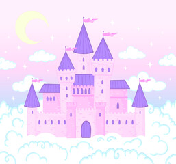 Magic castle. Cartoon castle in pink clouds. Magic land, fairytale cloud and fabulous sky. Fairy castle for little princess. Fantastic tower, majestic kingdom building landscape vector illustration
