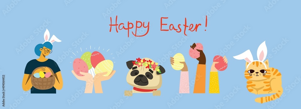 Wall mural Happy Easter banner. Modern minimal style. Horizontal poster, greeting card, header for website