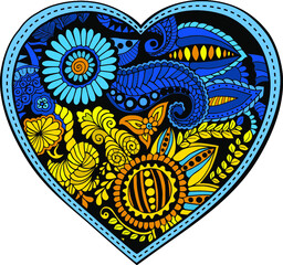 Doodle heart shaped Ukrainian flag isolated on white