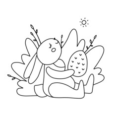Coloring page template - sitting Easter Bunny with Easter egg. Black and white vector illustration for coloring book. Linear vector hand drawn illustration.