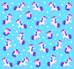 Hand drawn seamless vector pattern with cute unicorns, stars and planet. Repetitive wallpaper on dark blue background. Perfect for fabric, wallpaper, wrapping paper or nursery decor.
