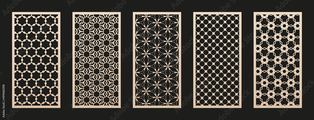 Aufkleber Laser cut pattern set. Vector design with modern geometric ornament, abstract grid, mesh. Oriental style design. Template for cnc cutting, decorative panels of wood, metal, paper. Aspect ratio 1:2
