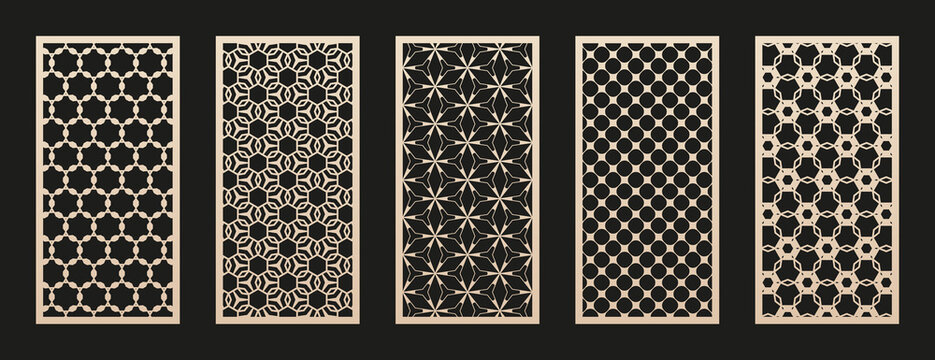 Laser cut pattern set. Vector design with modern geometric ornament, abstract grid, mesh. Oriental style design. Template for cnc cutting, decorative panels of wood, metal, paper. Aspect ratio 1:2
