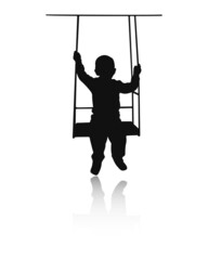 Silhouette of a child on a swing. The boy is swinging. Reflection.
