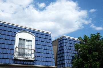 Blue rooftop with the treetop under the sky.