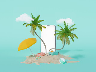 Fototapeta na wymiar mobile phone with palm trees and summer travel accessories