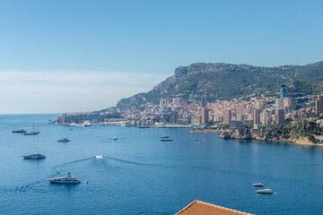 Aerial sunny seascape of Monte Carlo with boats