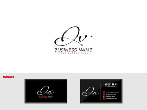 Brush QV Letter Icon Logo, Handwriting qv Signature Logo for simple exclusive boutique shiny business with business card design