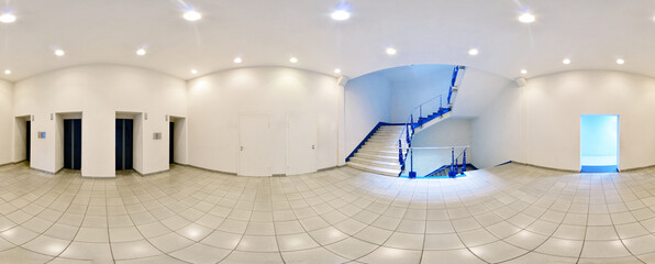 Spherical 360 degrees panorama projection, in interior empty long corridor with doors and entrances...