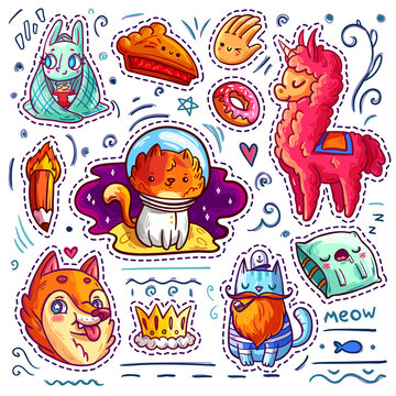 Set of cool stickers with cartoon funny animals, food and things. Vector collection of cute characters for patch badges, pins, prints, etc.