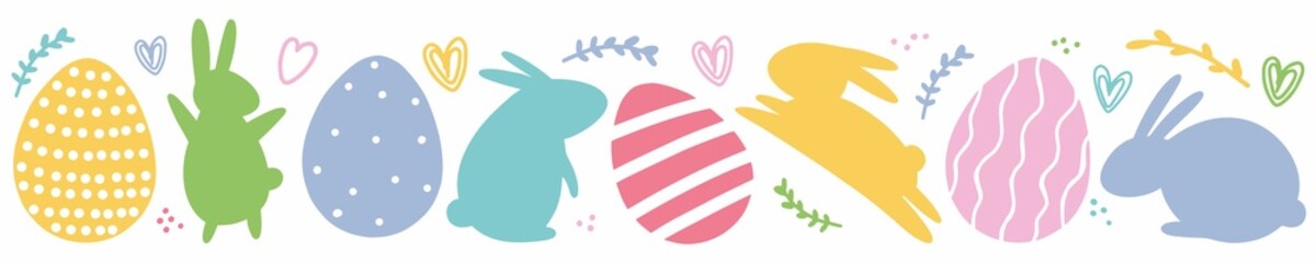 Illustration with a collection of Easter eggs and Easter bunnies