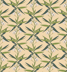 Fototapeta na wymiar Vintage floral seamless pattern of white crape jasmine flowers and buds in art nouveau style