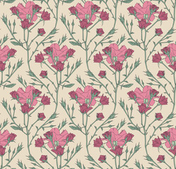 Vintage floral seamless pattern of red rose flowers and buds in art nouveau style