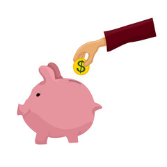 Piggy bank with coin and hand Investments money savings illustration concept