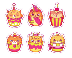 Cat shaped cupcakes for stickers, patches, pins. cake cute pet animal. Cartoon cats and kittens sweet food vector set