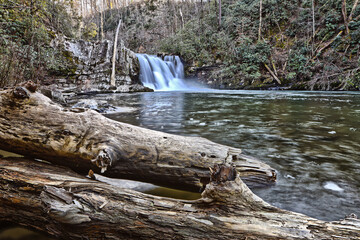 Scenic view of a small waterfall and a river in the forest surrounded by damaged trees
