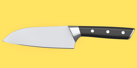 Chef's kitchen knife with a wooden handle isolated on yellow background.