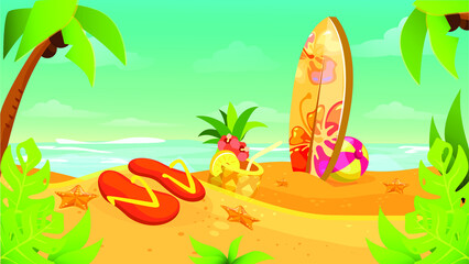 Fototapeta na wymiar Summer and sea vacation vector illustration. Summer Season opening concept. Tropical Beach.