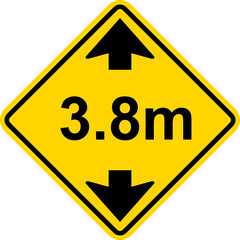 Height restriction limit 3.8 meter warning sign. Black on yellow diamond background. Traffic signs and symbols.