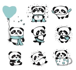 Panda doodle kid set. Simple design of cute pandas and other individual elements perfect for kid's card, banners, stickers and other kid's things.