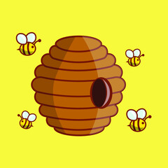 Cartoon style vector illustration of bees with a hive.