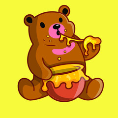Cartoon style vector illustration of bear eating honey. 