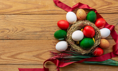 Happy Easter holiday card, Easter eggs as the color of the Italian flag red, white, green.