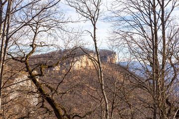 Winter mountain landscape on a sunny day, without snow cover, on observation decks.