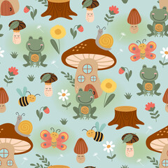 Naklejka premium seamless pattern with mushroom house, insect, frog
