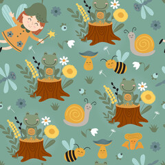 seamless pattern with fairy, frog, insect
